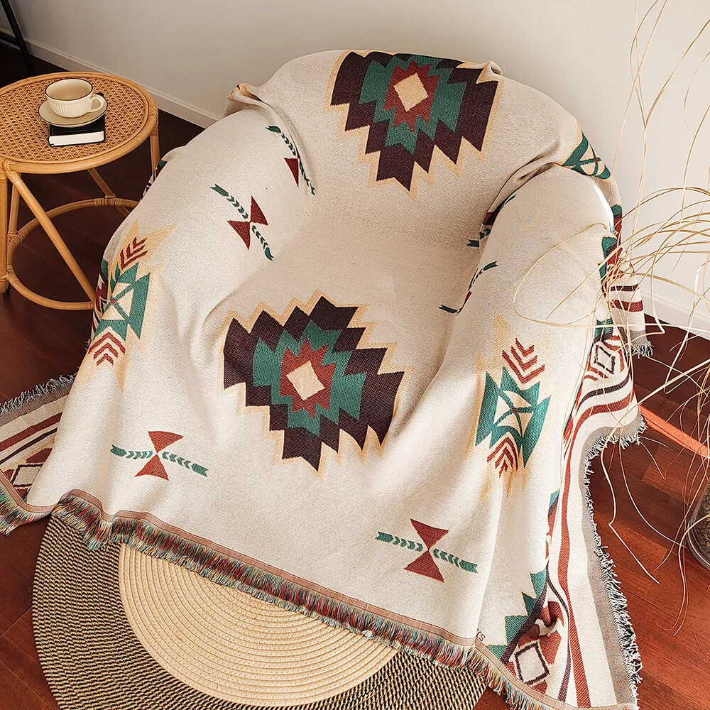 Boho Throw Blanket Fringe - Duży koc w stylu boho aztec