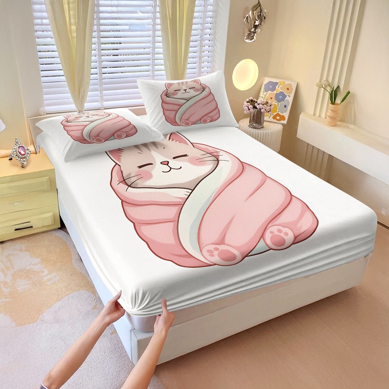 Fitted Bed Sheets Deep Pocket - Uroczy zestaw prześcieradeł z nadrukiem kota,