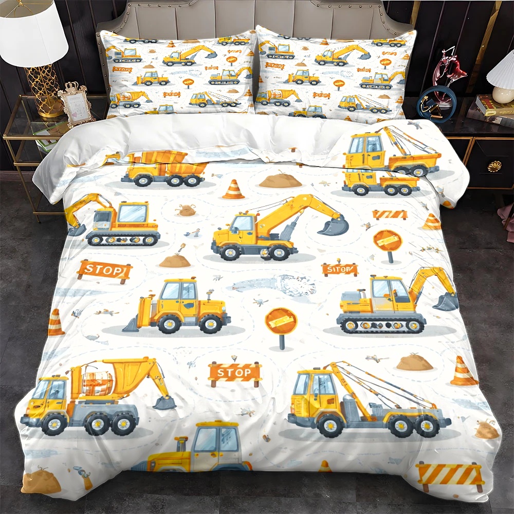Duvet Cover Sets With Zipper - Komplet pościeli w motywie pojazdów budowlanych,