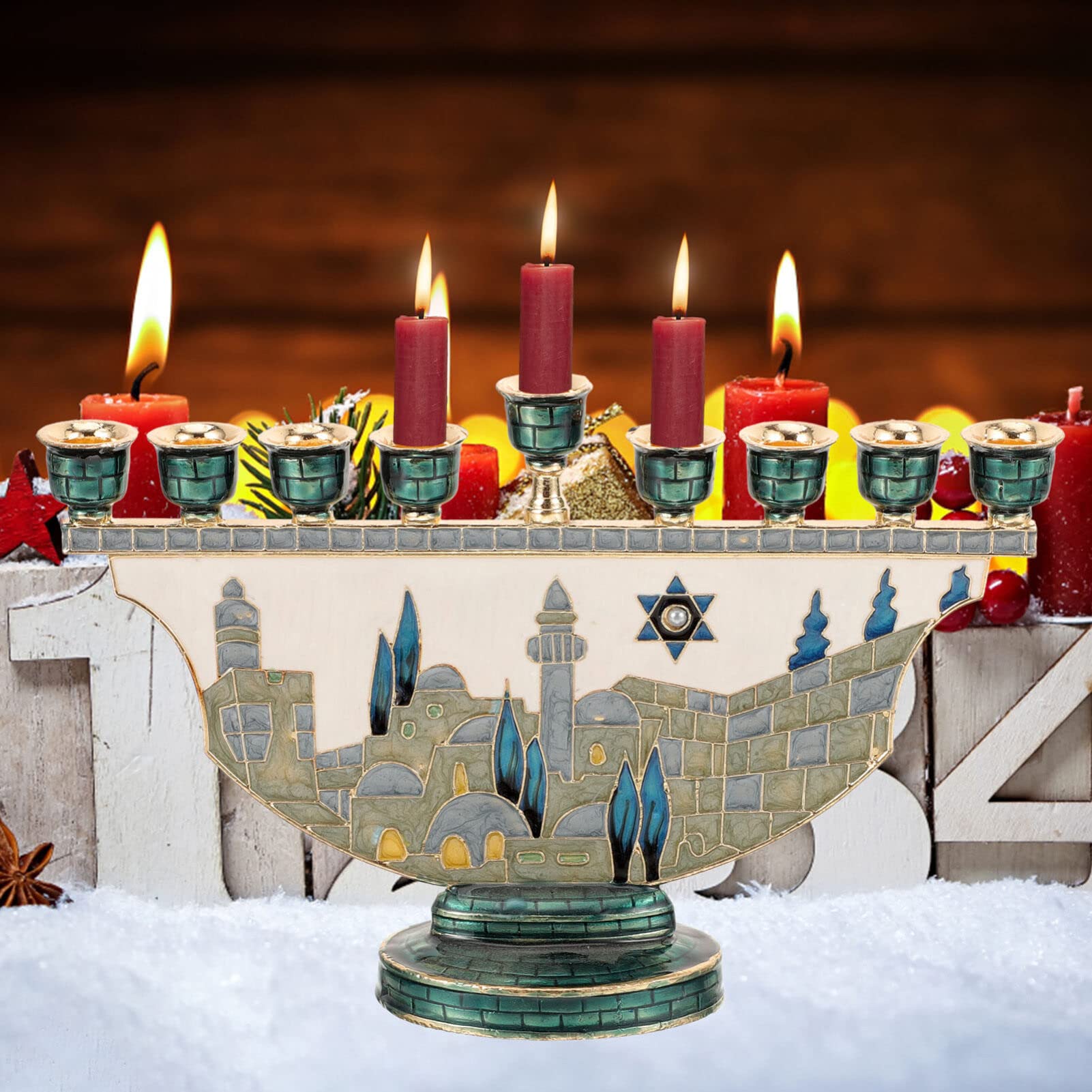 Home Decor - Jerozolimska Menora Świecznik Chanukah 9-ramienny Emaliowany